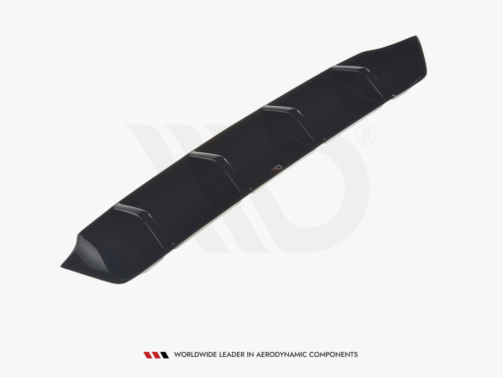 MAXTON® DESIGN rear valance for Skoda Superb Mk3 FL 2019+, body styling part shown on a vehicle, enhances sporty rear appearance.