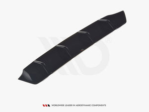 MAXTON® DESIGN rear valance for Skoda Superb Mk3 FL 2019+, body styling part shown on a vehicle, enhances sporty rear appearance.