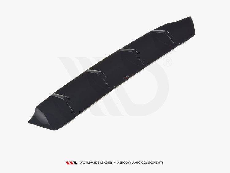 MAXTON® DESIGN rear valance for Skoda Superb Mk3 FL 2019+, body styling part shown on a vehicle, enhances sporty rear appearance.