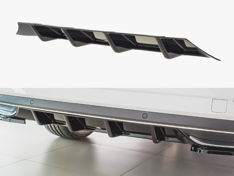 Maxton® DESIGN rear valance for Skoda Superb Mk3 FL 2019+, body styling part, shown on a vehicle with a sleek, aerodynamic design.