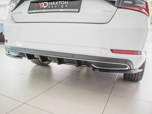 Maxton® DESIGN rear valance for Skoda Superb Mk3 FL 2019- body styling part, shown on the vehicle's rear bumper.