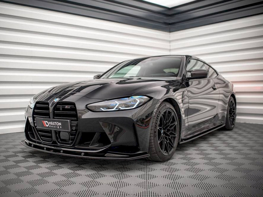 Maxton Design BMW M4 G82 front splitter V.1, black aerodynamic body styling part for G82 facelift model.