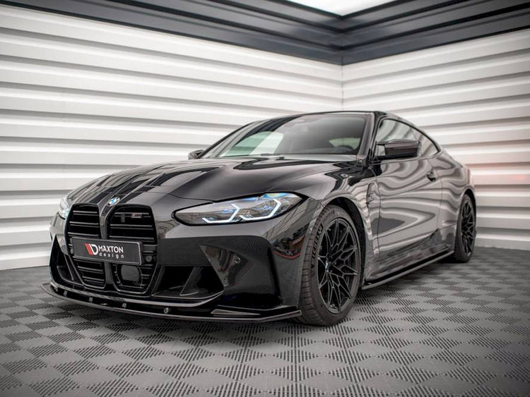 Maxton Design BMW M4 G82 front splitter V.1, black aerodynamic body styling part for G82 facelift model.