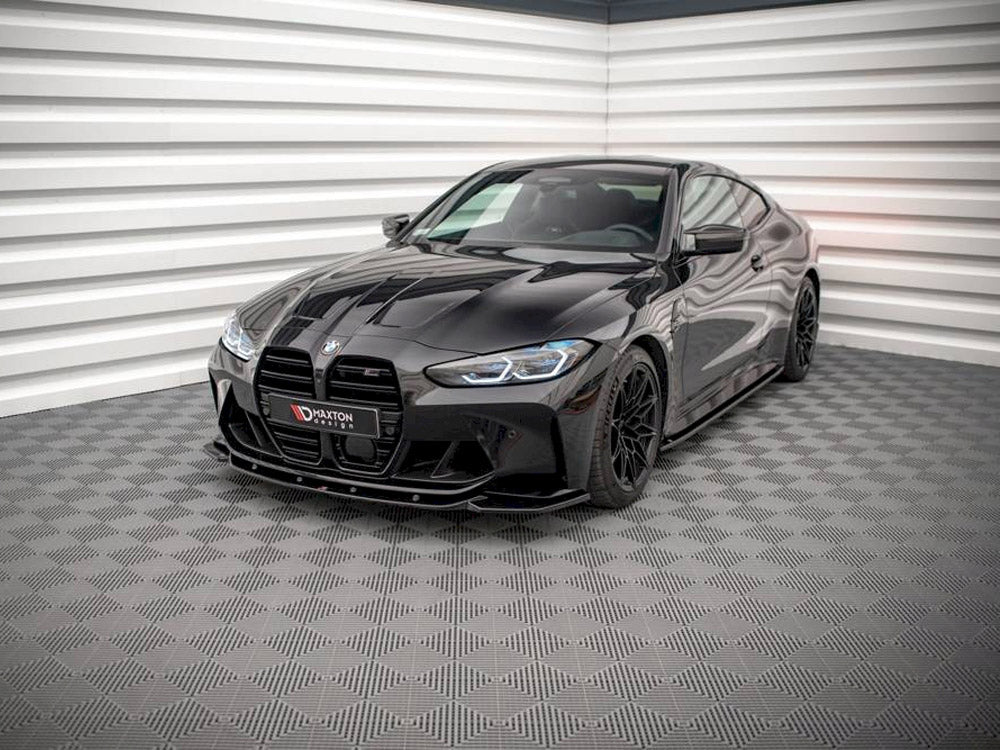 Maxton Design front splitter V.2 for BMW M4 G82 and G82 facelift, body styling accessory, black aerodynamic car part.
