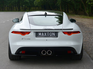 Maxton Design Jaguar F-Type spoiler in carbon fiber with aerodynamic styling, mounted on the rear of the sports car.