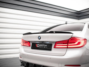 MAXTON® DESIGN spoiler CAP V.1 for BMW 5 Series G30 sedan, shown installed on the vehicle's rear trunk lid.