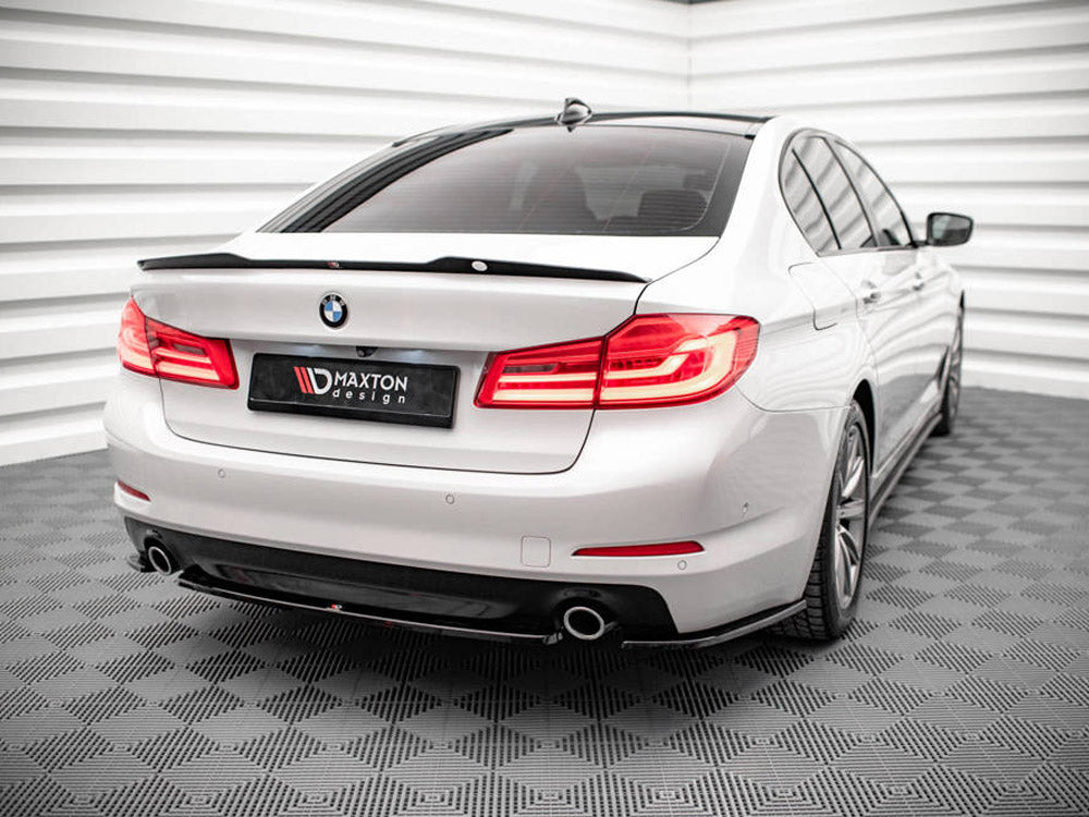 Maxton Design spoiler cap V.1 for BMW 5 Series G30 sedan, black aerodynamic rear spoiler accessory, side view