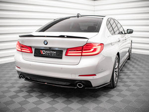 Maxton Design spoiler cap V.1 for BMW 5 Series G30 sedan, black aerodynamic rear spoiler accessory, side view