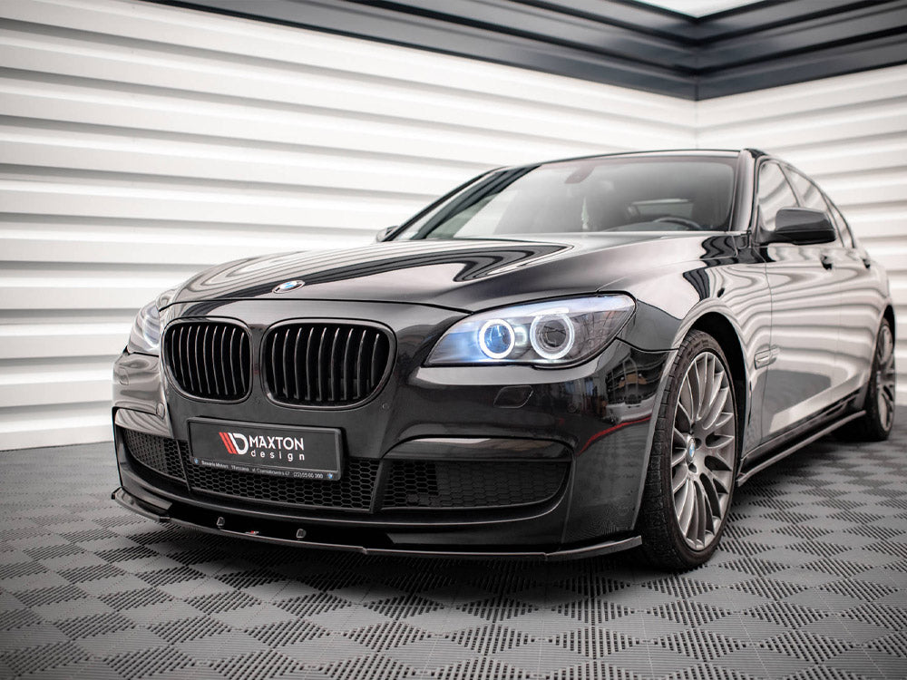 Maxton Design BMW 7 Series F01 front splitter V.1 in black, made of durable material, enhancing aerodynamics and sporty look