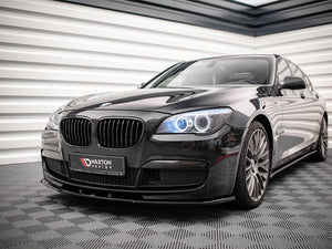 Maxton Design BMW 7 Series F01 front splitter V.1 in black, made of durable material, enhancing aerodynamics and sporty look