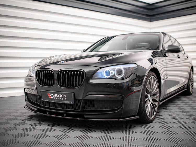Maxton Design BMW 7 Series F01 front splitter V.1 in black, made of durable material, enhancing aerodynamics and sporty look