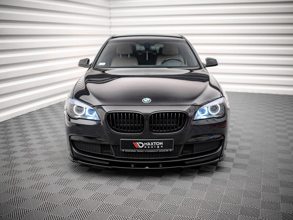 Maxton Design front splitter V.1 for BMW 7 Series F01 M-Pack, black aerodynamic car accessory visible from front angle