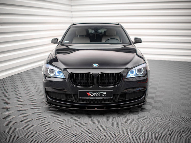 Maxton Design front splitter V.1 for BMW 7 Series F01 M-Pack, black aerodynamic car accessory visible from front angle