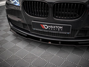 Maxton Design BMW 7 Series F01 front splitter V.1 in black, made for M-Pack models, mounted on the front bumper.