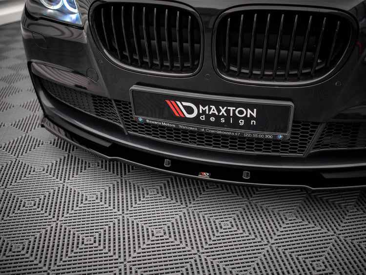 Maxton Design BMW 7 Series F01 front splitter V.1 in black, made for M-Pack models, mounted on the front bumper.