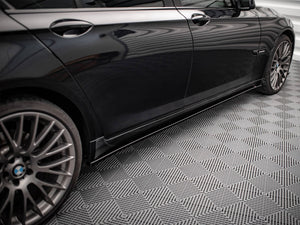 Maxton Design BMW 7 Series F01 M-Pack side skirts and diffusers in black, aerodynamic exterior car styling accessories.