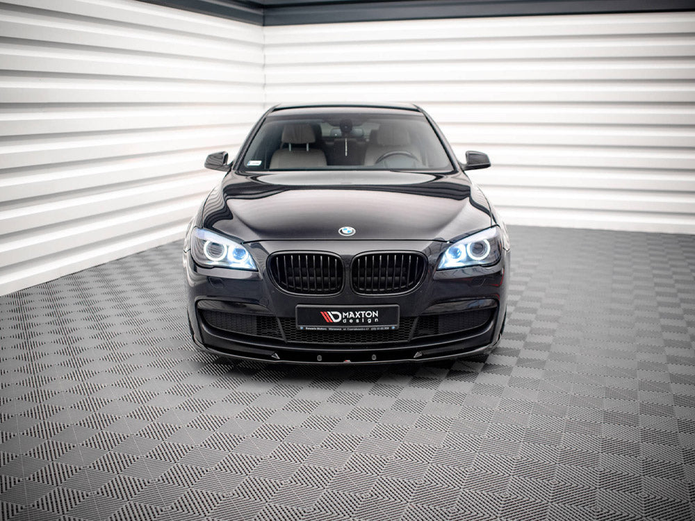 Maxton Design Front Splitter V.2 for BMW 7 Series F01 M-Pack, black aerodynamic car body kit component.