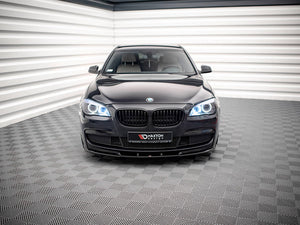 Maxton Design Front Splitter V.2 for BMW 7 Series F01 M-Pack, black aerodynamic car body kit component.