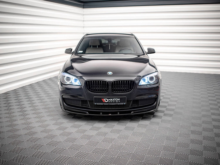 Maxton Design Front Splitter V.2 for BMW 7 Series F01 M-Pack, black aerodynamic car body kit component.