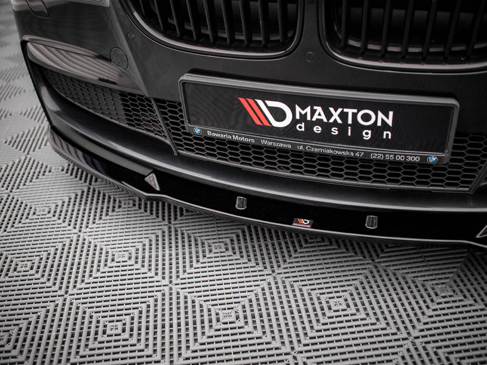 Maxton Design BMW 7 Series F01 front splitter V.2, black aerodynamic car upgrade with detailed mounting features