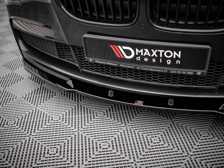 Maxton Design BMW 7 Series F01 front splitter V.2, black aerodynamic car upgrade with detailed mounting features