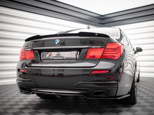 Maxton Design BMW 7 Series F01 M-Pack spoiler in black with aerodynamic wing and mounting hardware, designed for sporty enhancement