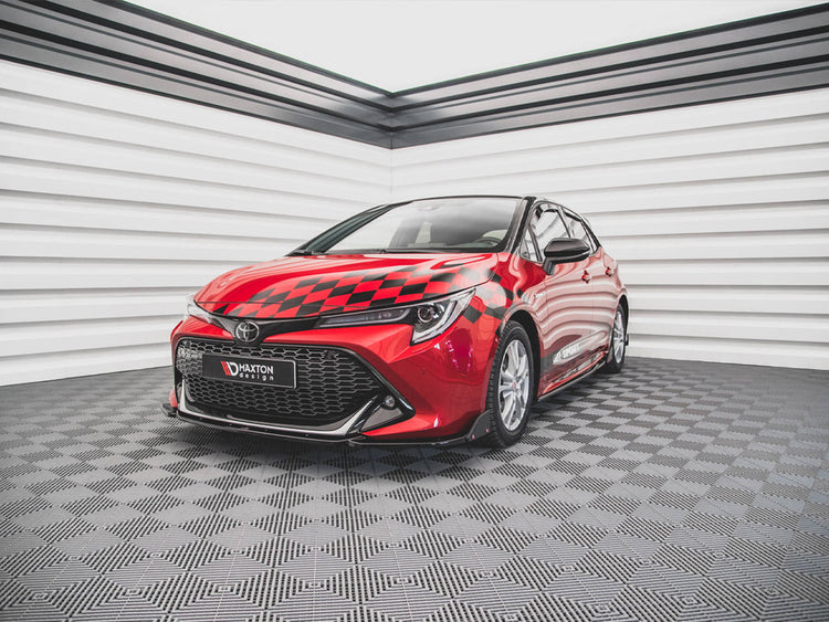 Maxton Design front splitter with flaps for Toyota Corolla GR Sport hatchback, body styling accessory in black with aerodynamic design.