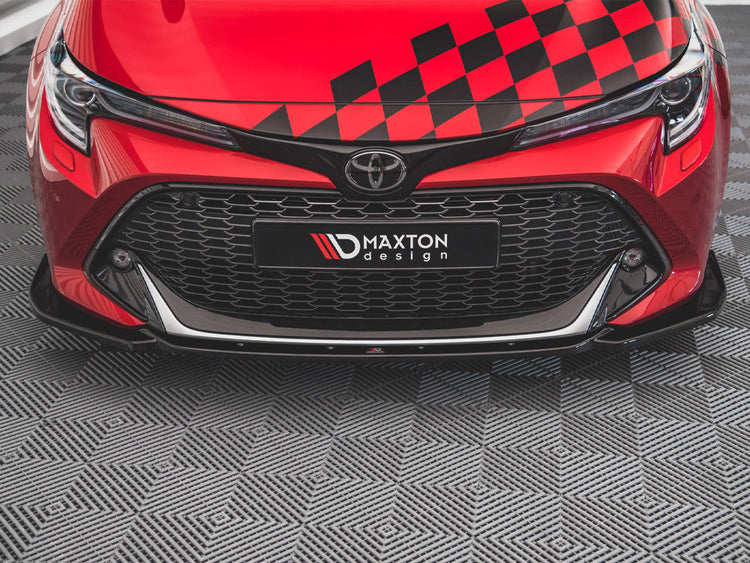 Maxton Design front splitter for Toyota Corolla GR Sport hatchback XII, body styling accessory, black aerodynamic car part.