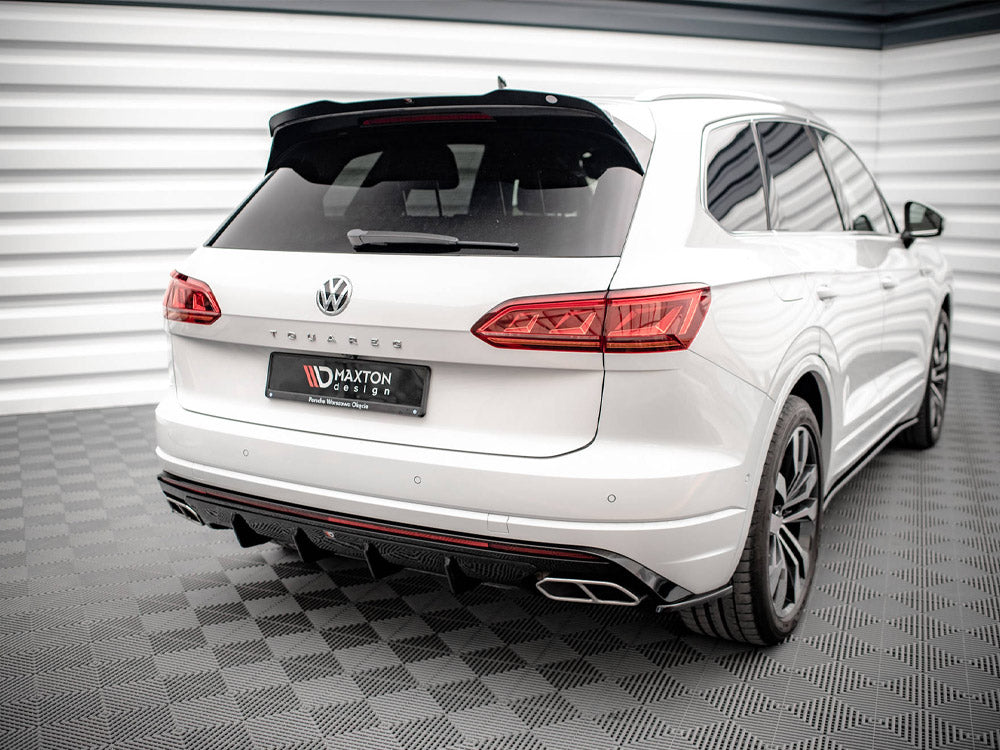Maxton Design VW Touareg R-line Mk3 rear valance in body styling, showing sleek black plastic finish on vehicle bumper