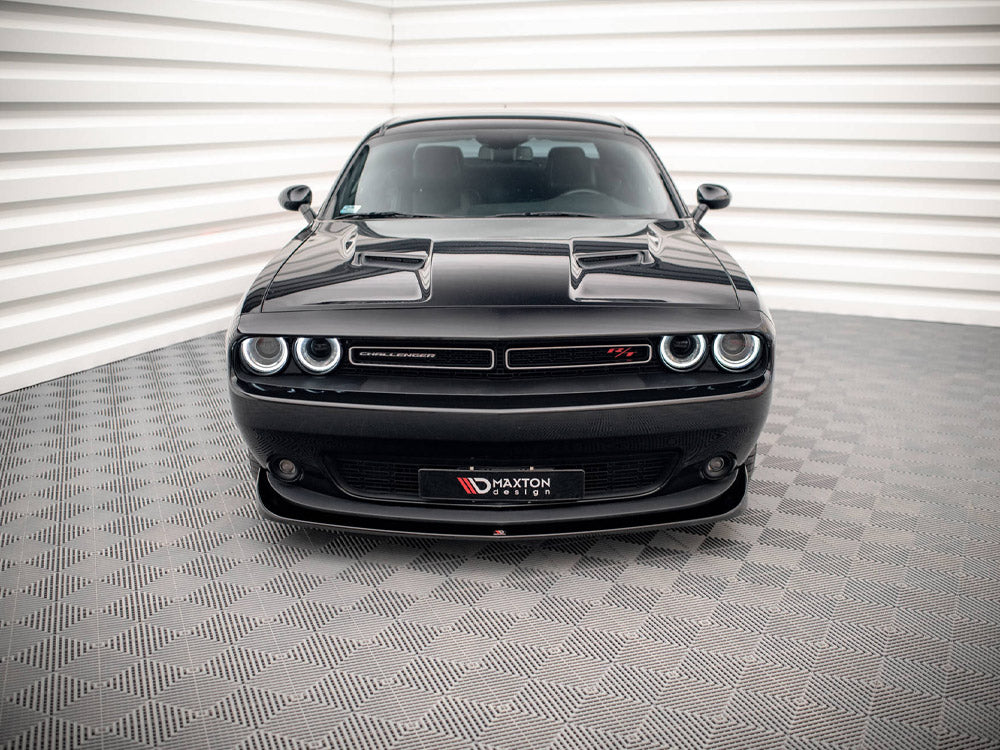 MAXTON® DESIGN Dodge Challenger RT Mk3 Facelift front splitter installed on a sleek muscle car, highlighting its aerodynamic styling.