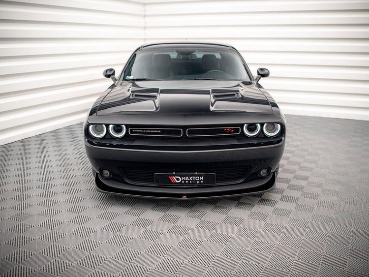 MAXTON® DESIGN Dodge Challenger RT Mk3 Facelift front splitter installed on a sleek muscle car, highlighting its aerodynamic styling.