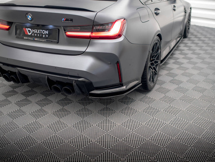 Maxton Design BMW M3 G80 rear side splitters, body styling accessories in black with aerodynamic design details.