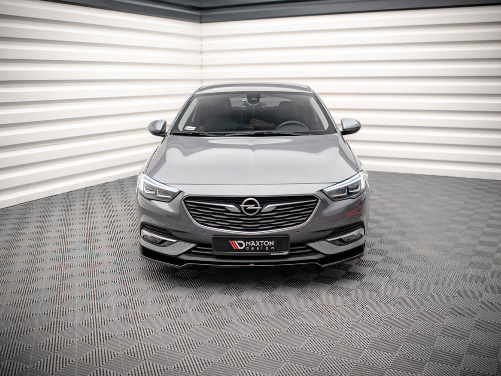 MAXTON® DESIGN front splitter for Opel / Vauxhall Insignia Mk2, aerodynamic black plastic car accessory with detailed venting.