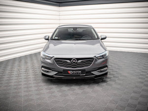 MAXTON® DESIGN front splitter for Opel / Vauxhall Insignia Mk2, aerodynamic black plastic car accessory with detailed venting.