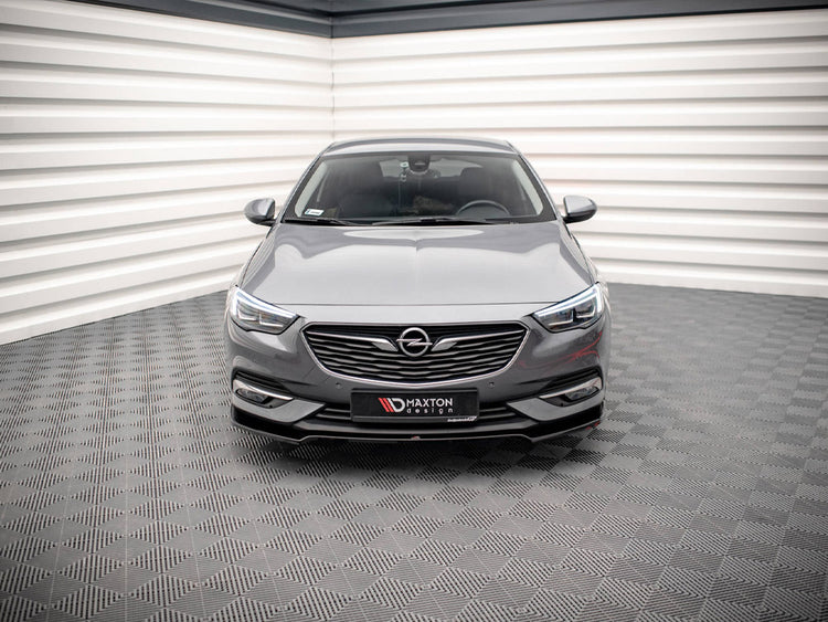 MAXTON® DESIGN front splitter for Opel / Vauxhall Insignia Mk2, aerodynamic black plastic car accessory with detailed venting.