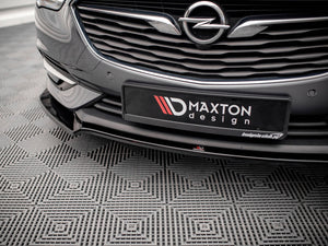 Maxton Design front splitter V.3 for Opel/Vauxhall Insignia Mk2, shown in black, mounted on the car's front bumper.