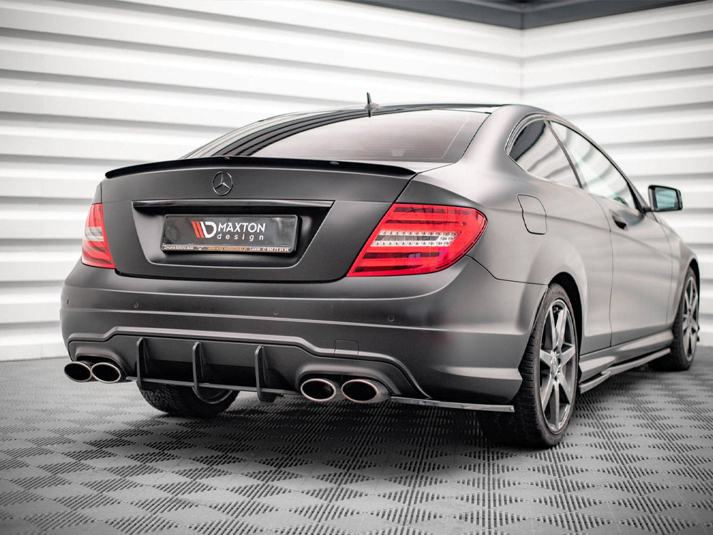 Maxton Design Mercedes-Benz C-Class Coupe spoiler for standard and AMG-Line C204 models, shown in black on a silver car.