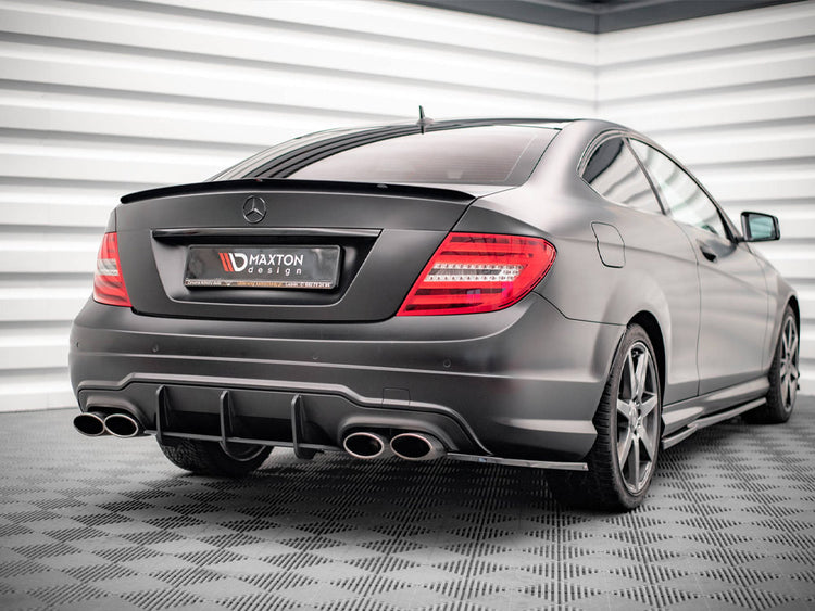 Maxton Design Mercedes-Benz C-Class Coupe spoiler for standard and AMG-Line C204 models, shown in black on a silver car.