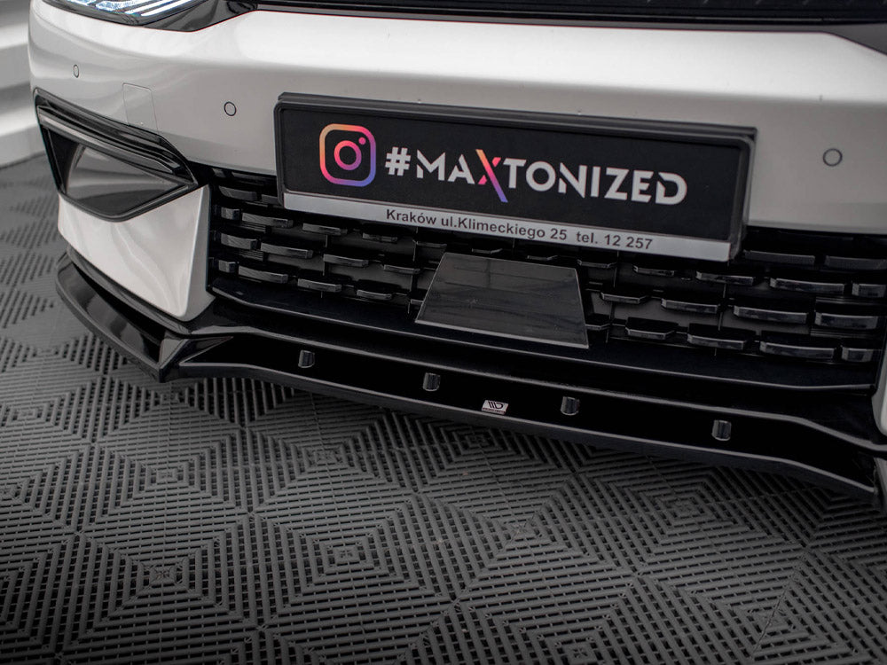 Maxton Design Kia EV6 GT-Line Mk1 front splitter, lightweight body styling part, black aerodynamic upgrade, detailed view.