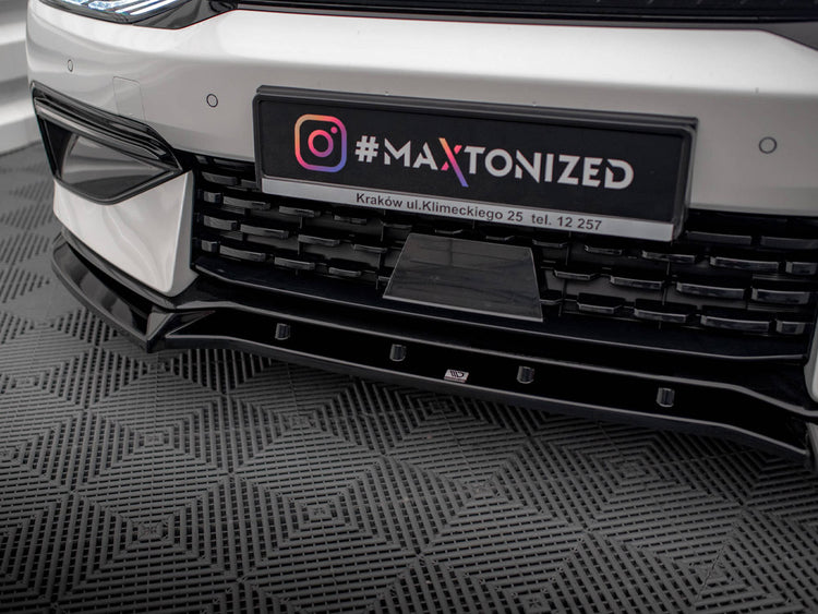 Maxton Design Kia EV6 GT-Line Mk1 front splitter, lightweight body styling part, black aerodynamic upgrade, detailed view.