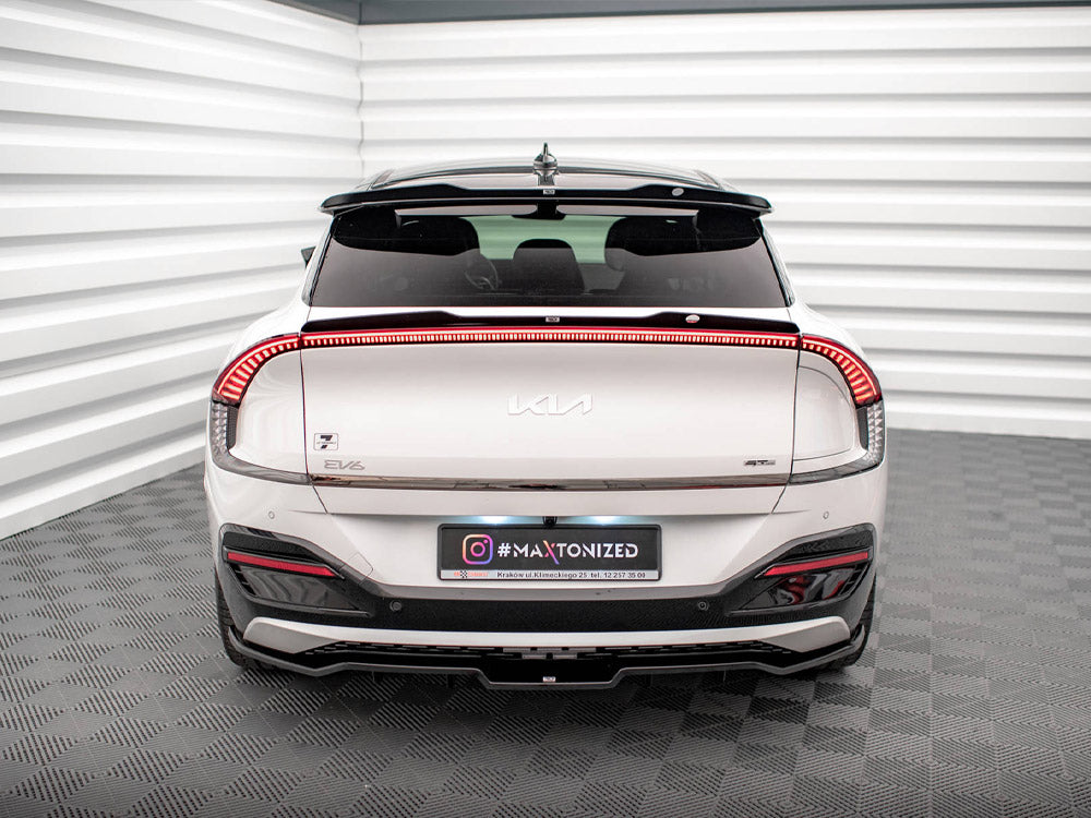 Maxton Design Kia EV6 GT-Line Mk1 upper spoiler cap, black body styling accessory, enhances sporty look and aerodynamic performance.