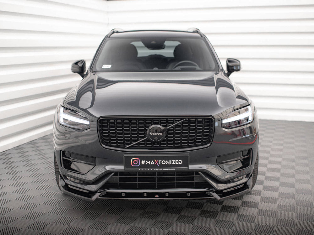 Maxton Design Front Splitter V.2 for Volvo XC90 R-Design Mk2 facelift, black aerodynamic body styling accessory.