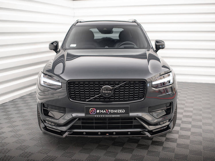 Maxton Design Front Splitter V.2 for Volvo XC90 R-Design Mk2 facelift, black aerodynamic body styling accessory.