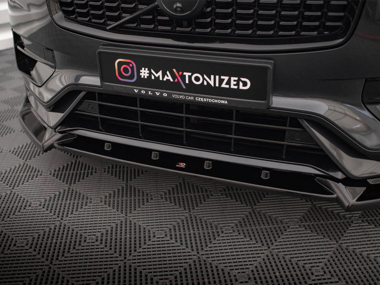Maxton Design Front Splitter V.2 for Volvo XC90 R-Design Mk2 Facelift, black aerodynamic body styling accessory.