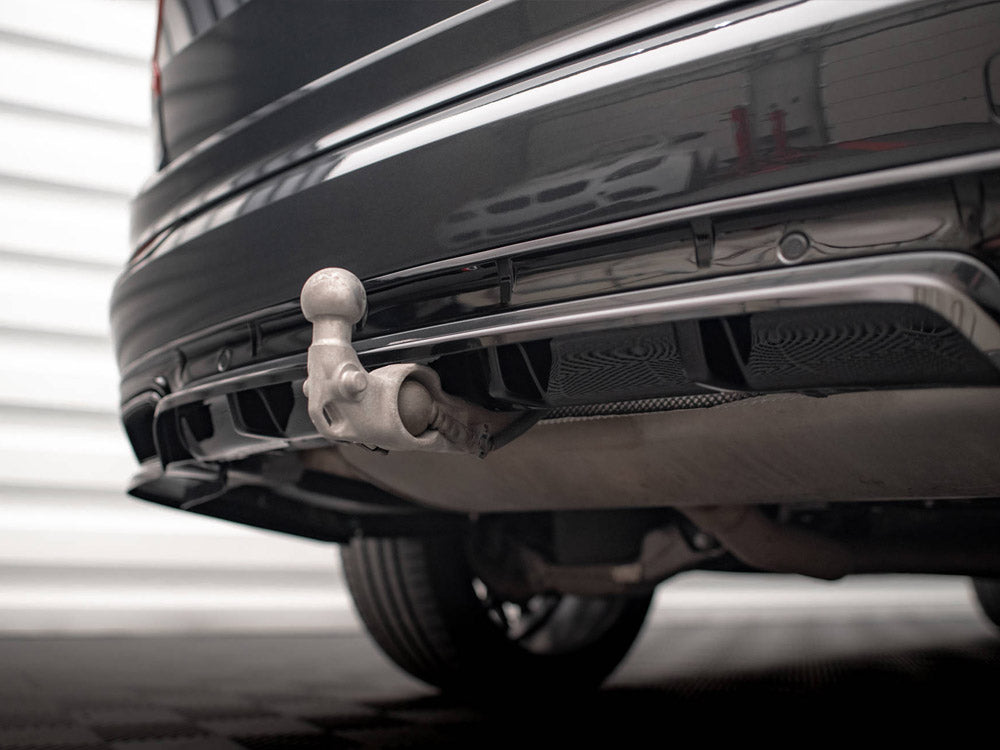 Maxton Design rear splitter with vertical bars for Volvo XC90 R-Design Mk2 facelift, body and styling accessory, black finish.