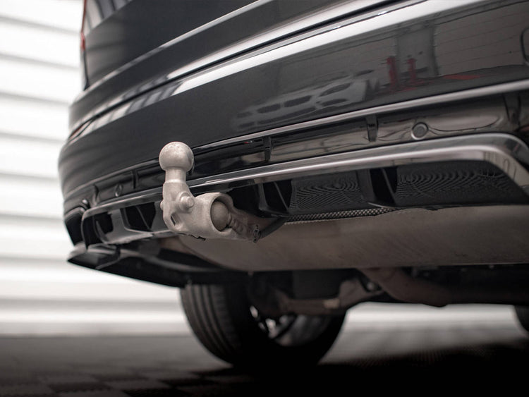 Maxton Design rear splitter with vertical bars for Volvo XC90 R-Design Mk2 facelift, body and styling accessory, black finish.