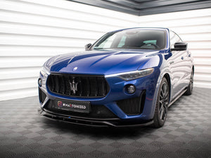 Maxton Design front splitter for Maserati Levante GTS Trofeo Mk1, body and styling accessory in black with aerodynamic design.