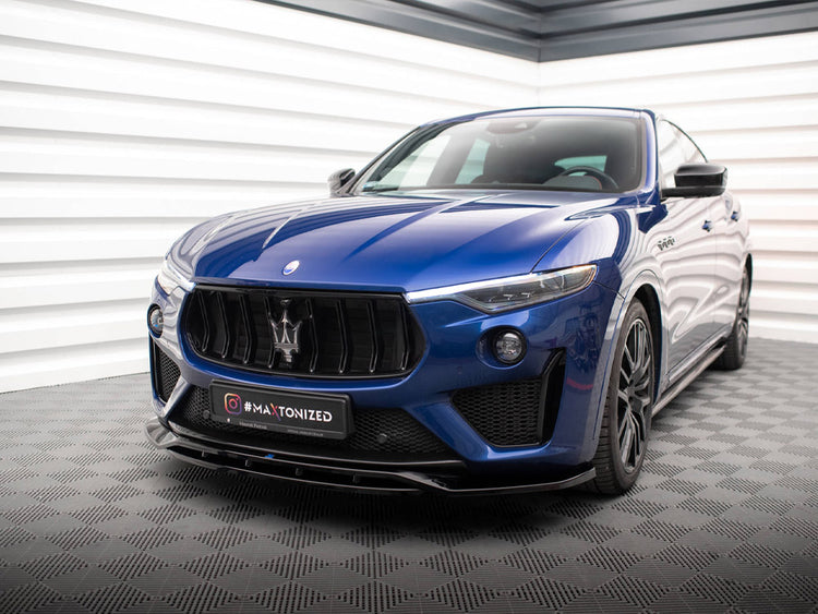 Maxton Design front splitter for Maserati Levante GTS Trofeo Mk1, body and styling accessory in black with aerodynamic design.