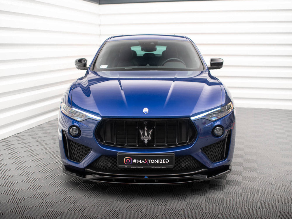 Maxton Design front splitter for Maserati Levante GTS Trofeo Mk1, body styling accessory in black with aerodynamic design.