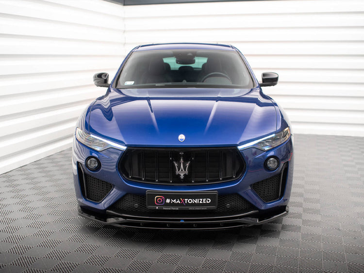 Maxton Design front splitter for Maserati Levante GTS Trofeo Mk1, body styling accessory in black with aerodynamic design.
